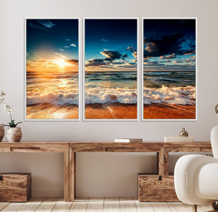 Golden Hour Sunset Over Ocean Waves Canvas: 3-Panel Coastal Landscape Art with Stunning Beach Photography Print.