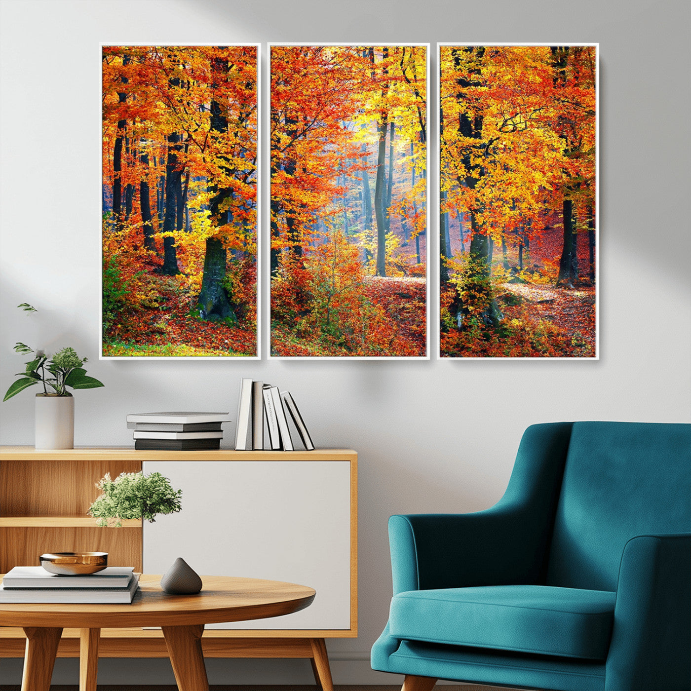 MGV-FC-48X32-3P - Autumn Red Forest Triptych Canvas Wall Art Print, Forest Wall Decor, Fall Landscape Art | Season Nature Landscape for Home or Office