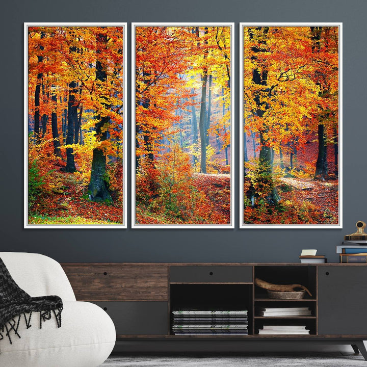 The room features an Autumn Red Forest Triptych Canvas Wall Art.