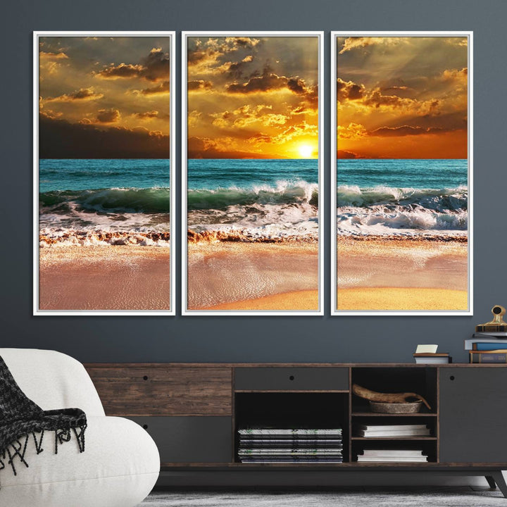 Golden Sunset Beach Canvas Triptych adorns the cozy room, creating a stunning focal point.