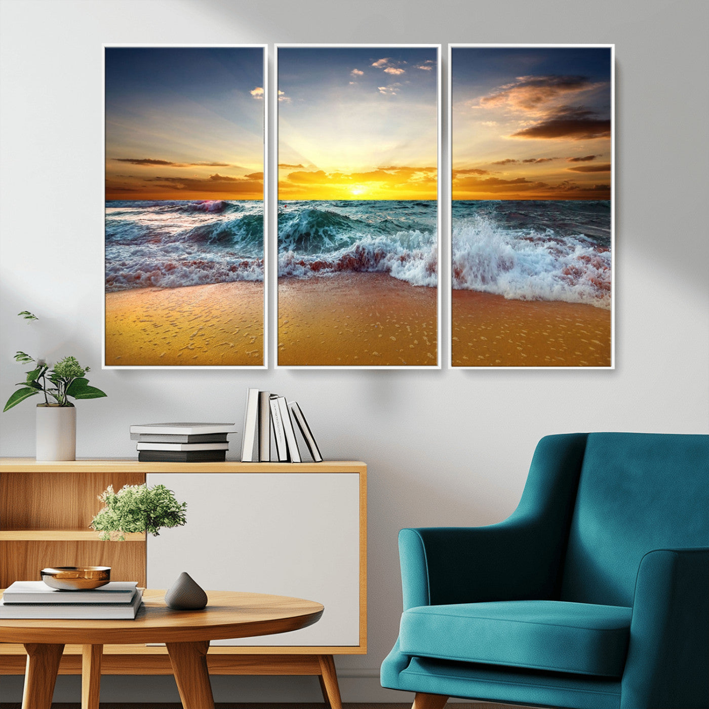 MGV-FC-48X32-3P - Golden Sunset Ocean Waves Wall Art Canvas Print – Multi Panel Beach Canvas Print Set – Large Coastal Triptych Print for Home or Farmhouse Decor