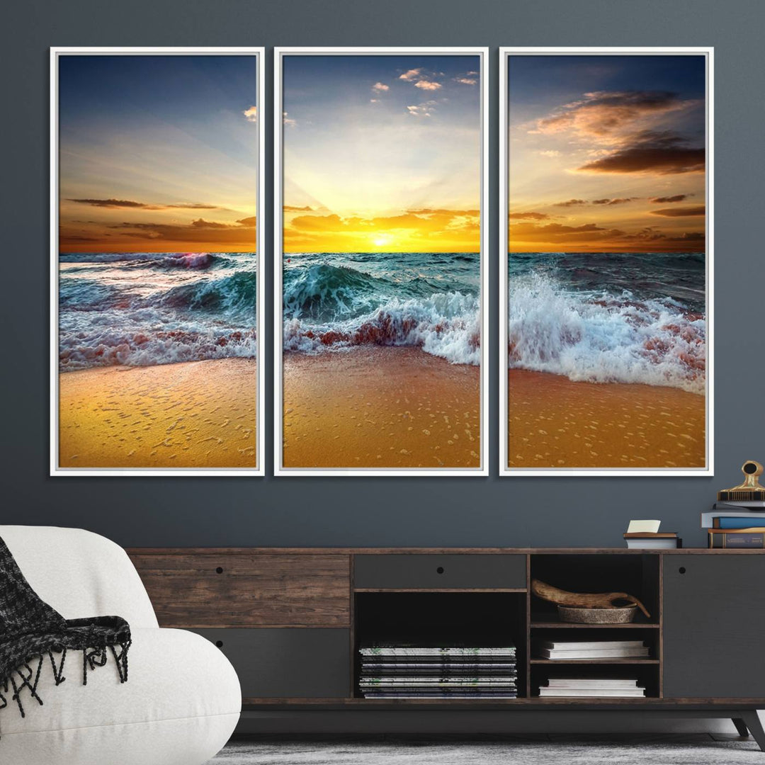 The kitchen features the Golden Sunset Ocean Waves multi-panel coastal wall art canvas.