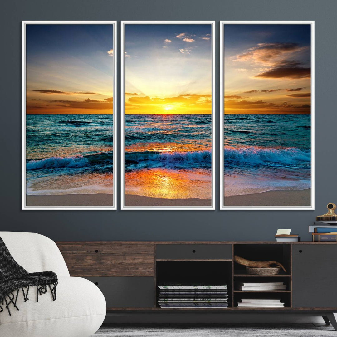 A kitchen dining area with coastal wall art.