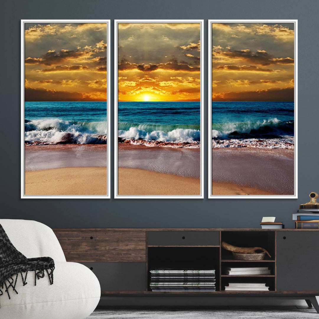 The Ocean Sunrise Over Golden Beach Waves wall art is prominently displayed, capturing the serene beauty of a beach at sunrise.