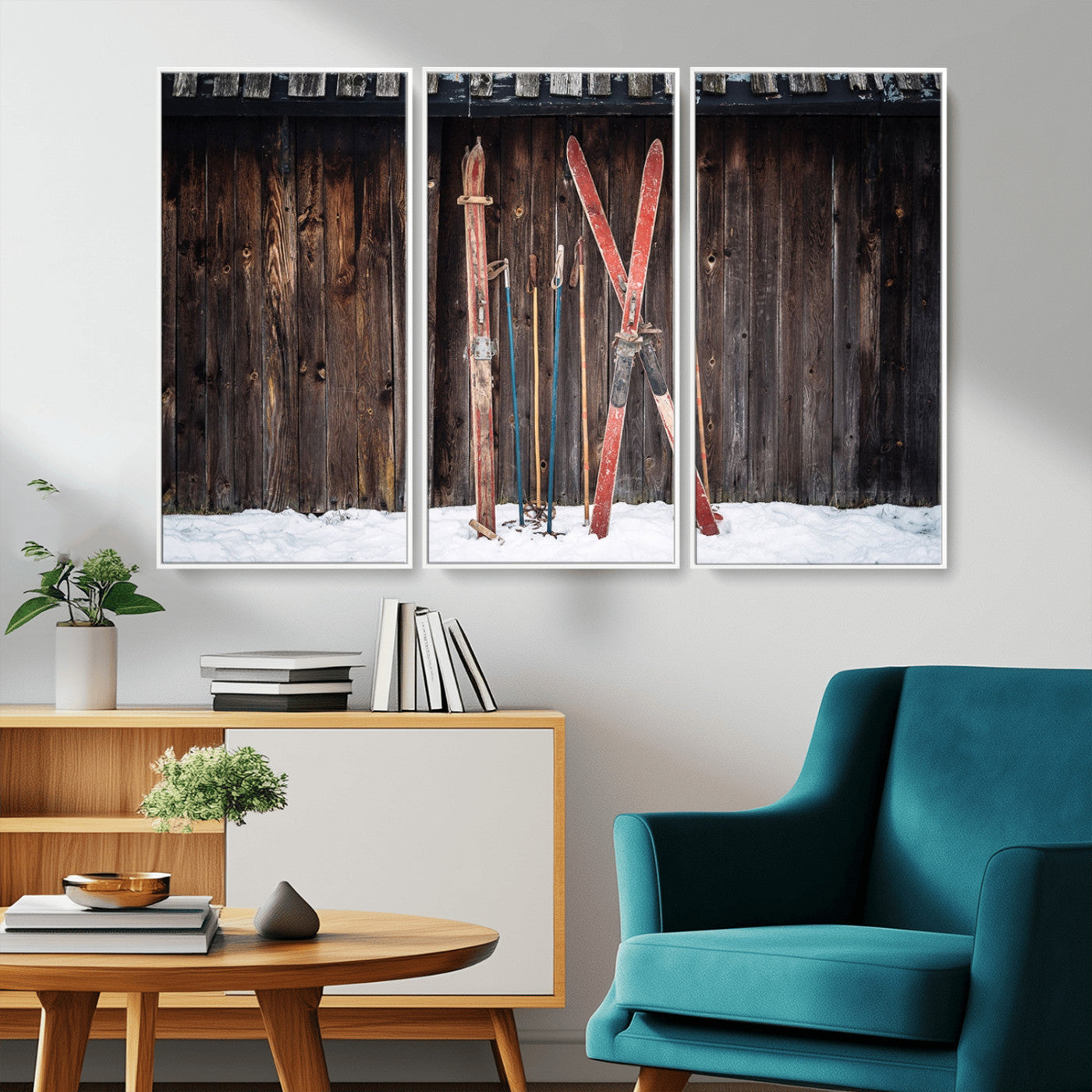 MGV-FC-48X32-3P - Vintage Ski Gear Against Wooden Cabin Wall, Rustic Winter Sports Equipment Canvas Print, Ready to Hang Wall Art, Perfect for Lodge or Ski Cabin Decor