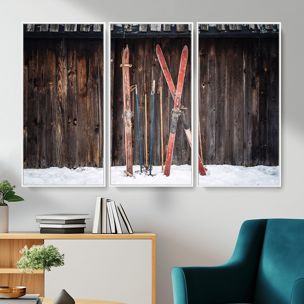 78590-MGV-CV-36X24 - Vintage Ski Gear Canvas Print, Vintage Ski Gear Against Wooden Cabin Wall