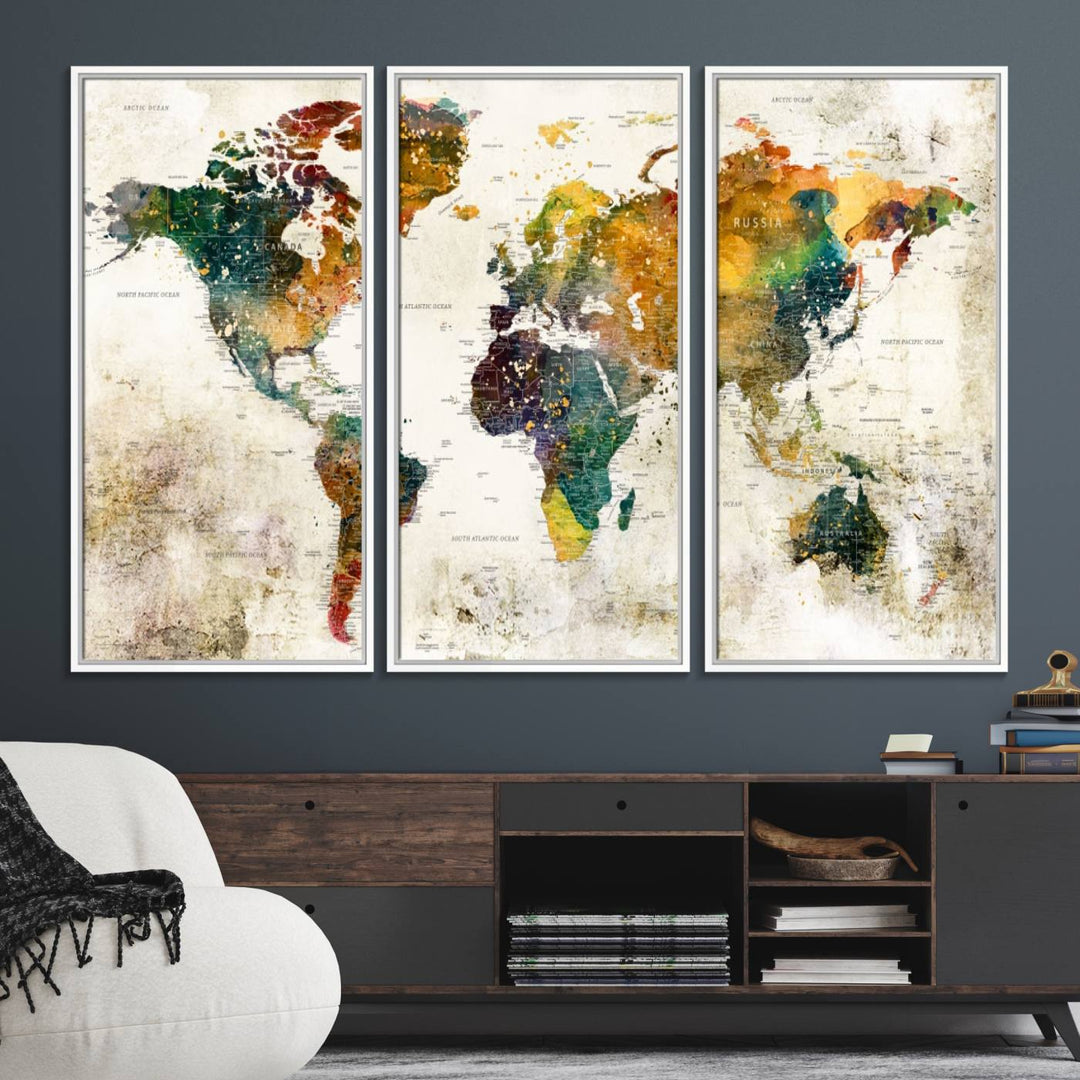 A 3-panel vintage world map canvas art is displayed.