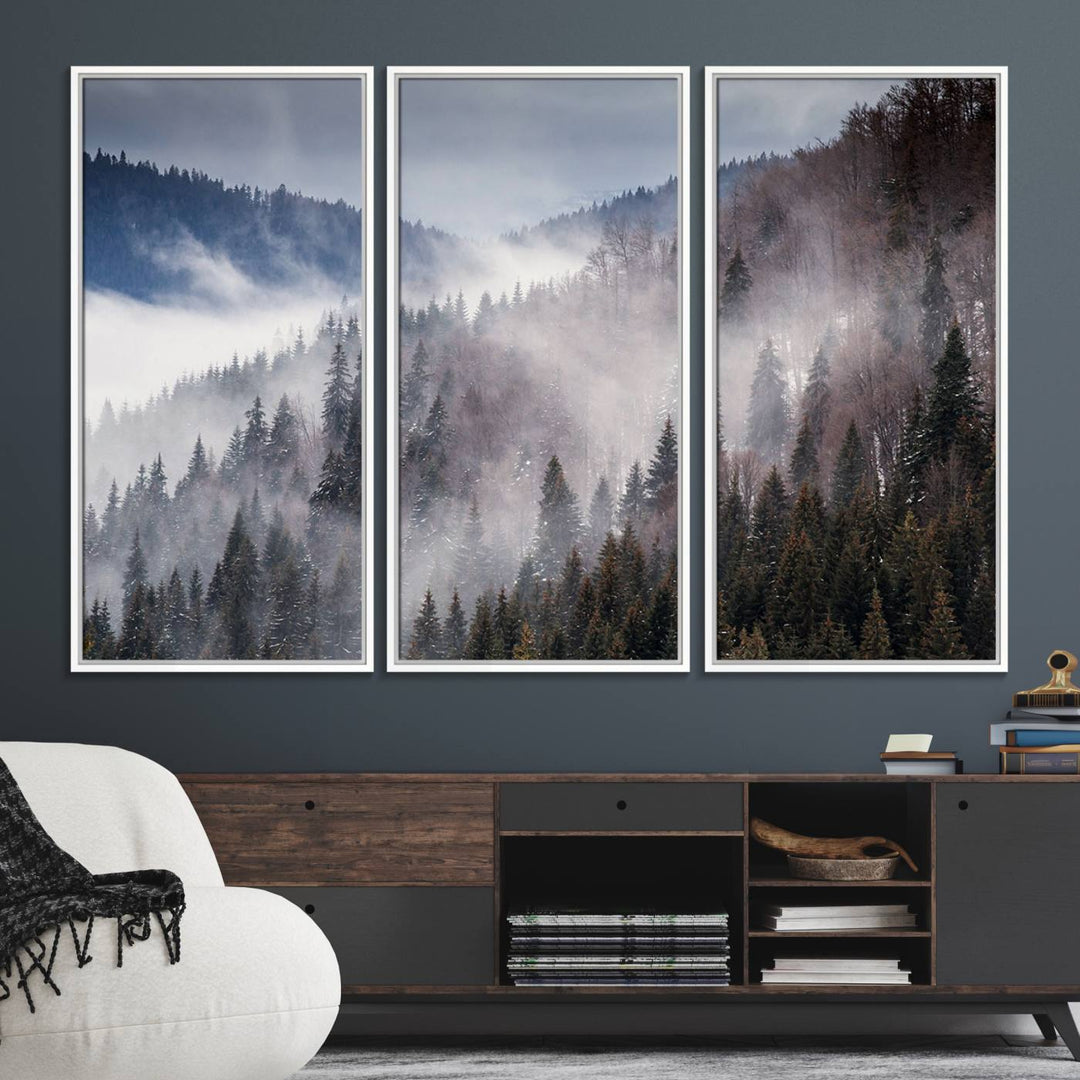 A museum-quality canvas of Beautiful Rising Fog in Winter Mountain Landscape hangs on the wall.