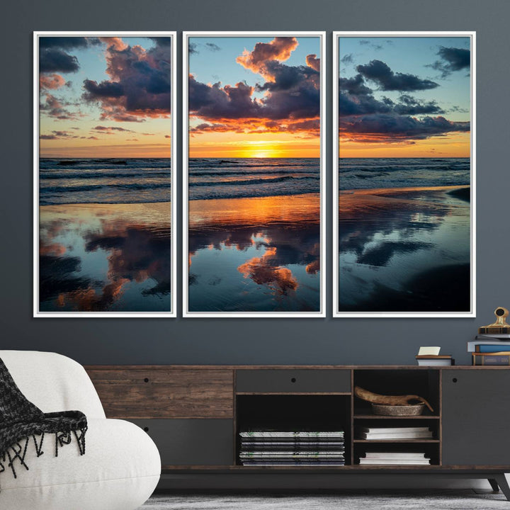 A Beach Sunset Print - Stunning Ocean Canvas Artwork adorns the wall.