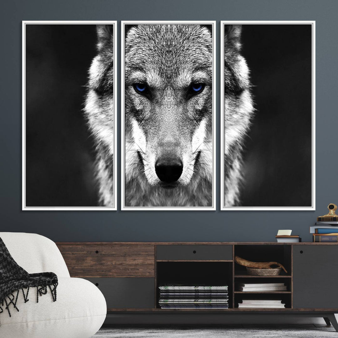 A ready-to-hang Black and White Wild Wolf Wall Art Canvas Print.