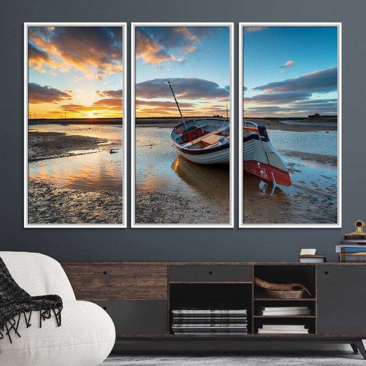 The Small Boat At The Beach Sunset wall art canvas print features UV coating, is museum-quality, and is ready to hang.