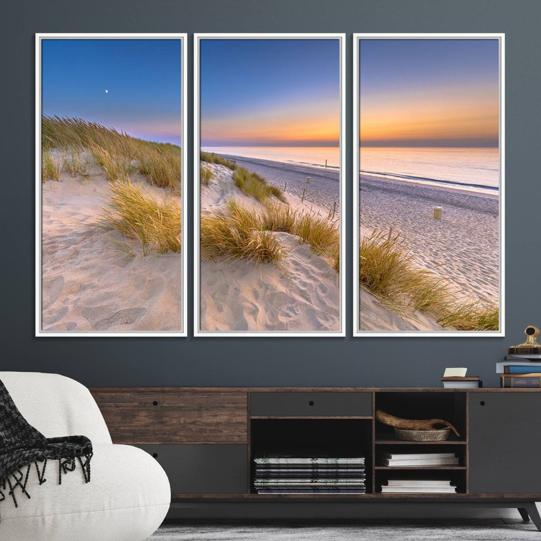 The cozy kitchen features the Sunrise On The Beach canvas art.