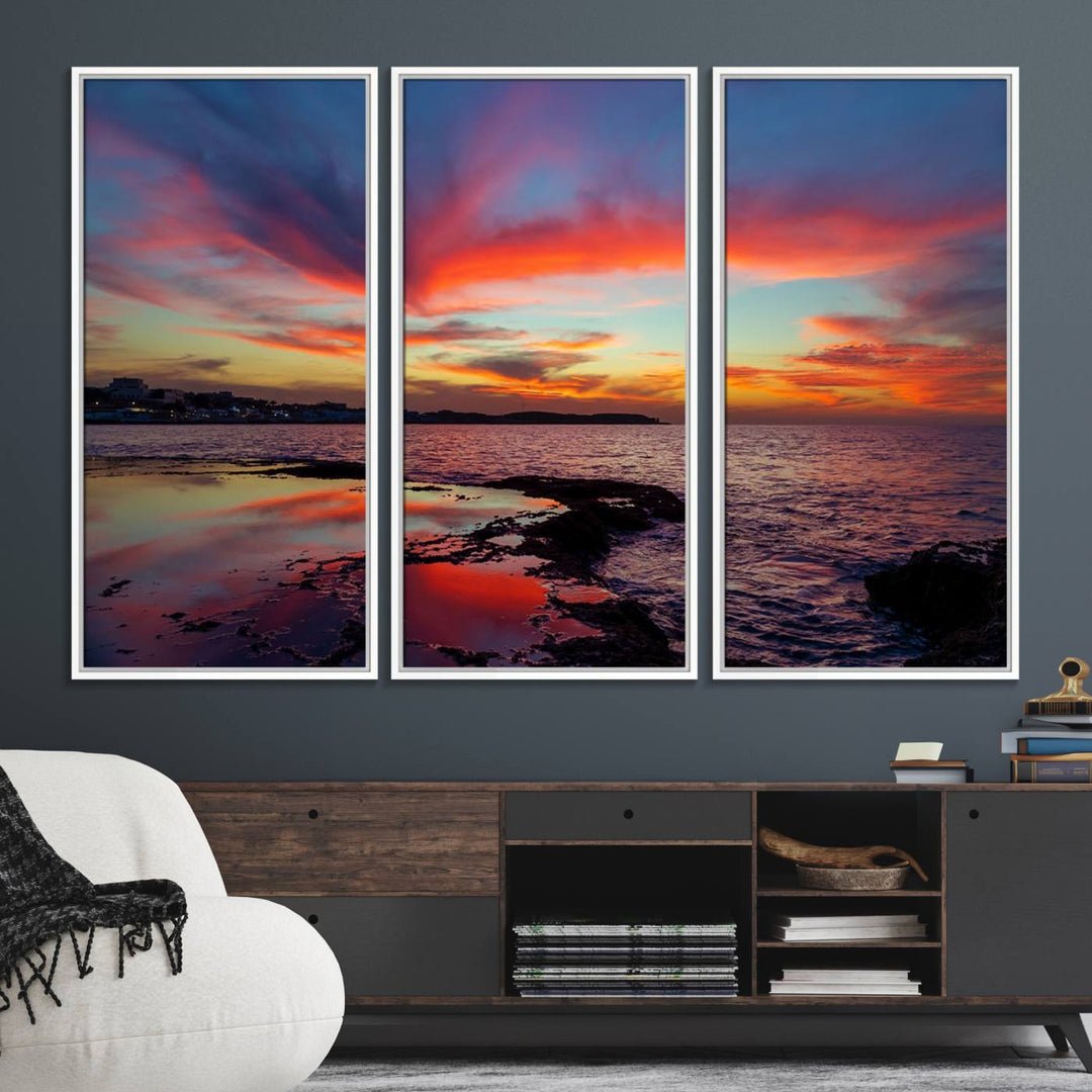 The Glorious Sunset on The Beach canvas print adorns the dining room.