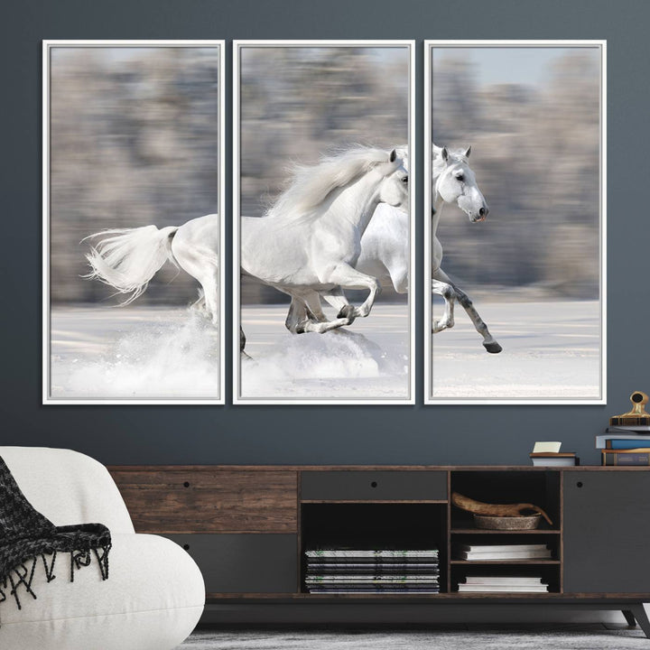 Museum-quality All The White Horses canvas print of two white horses in snow, ready to hang.