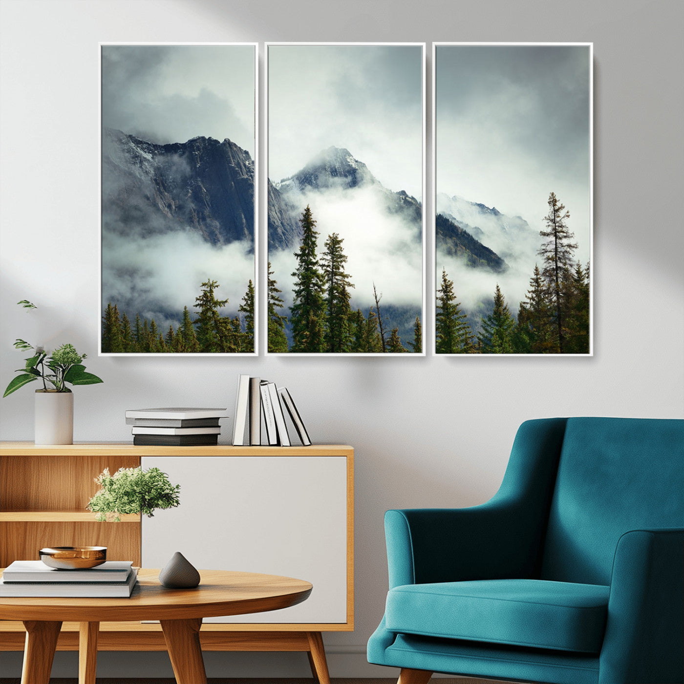 MGV-FC-48X32-3P - Mountain Mist Canvas Wall Art | 3-Panel Foggy Forest and Mountain Landscape | Large Giclee Print for Living Room, Office, or Cabin, Farmhouse Decor