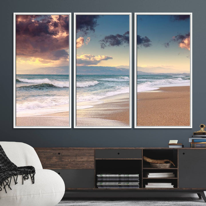 The dining area is enhanced with the Cloudy Weather Beach Sunset Canvas Print.