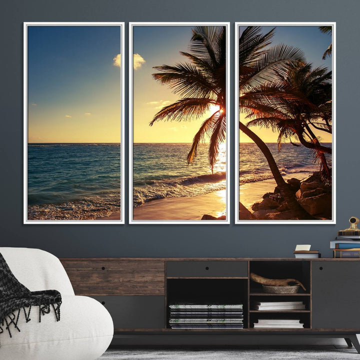 Sunset Palm Trees Wall Art Canvas Print: a serene beach scene on museum-quality canvas.