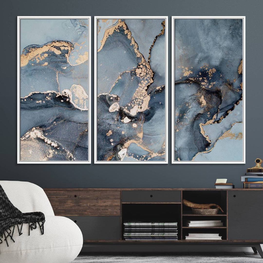 A Multipanel Marble Fluid Effect Canvas Print hangs prominently on the wall.