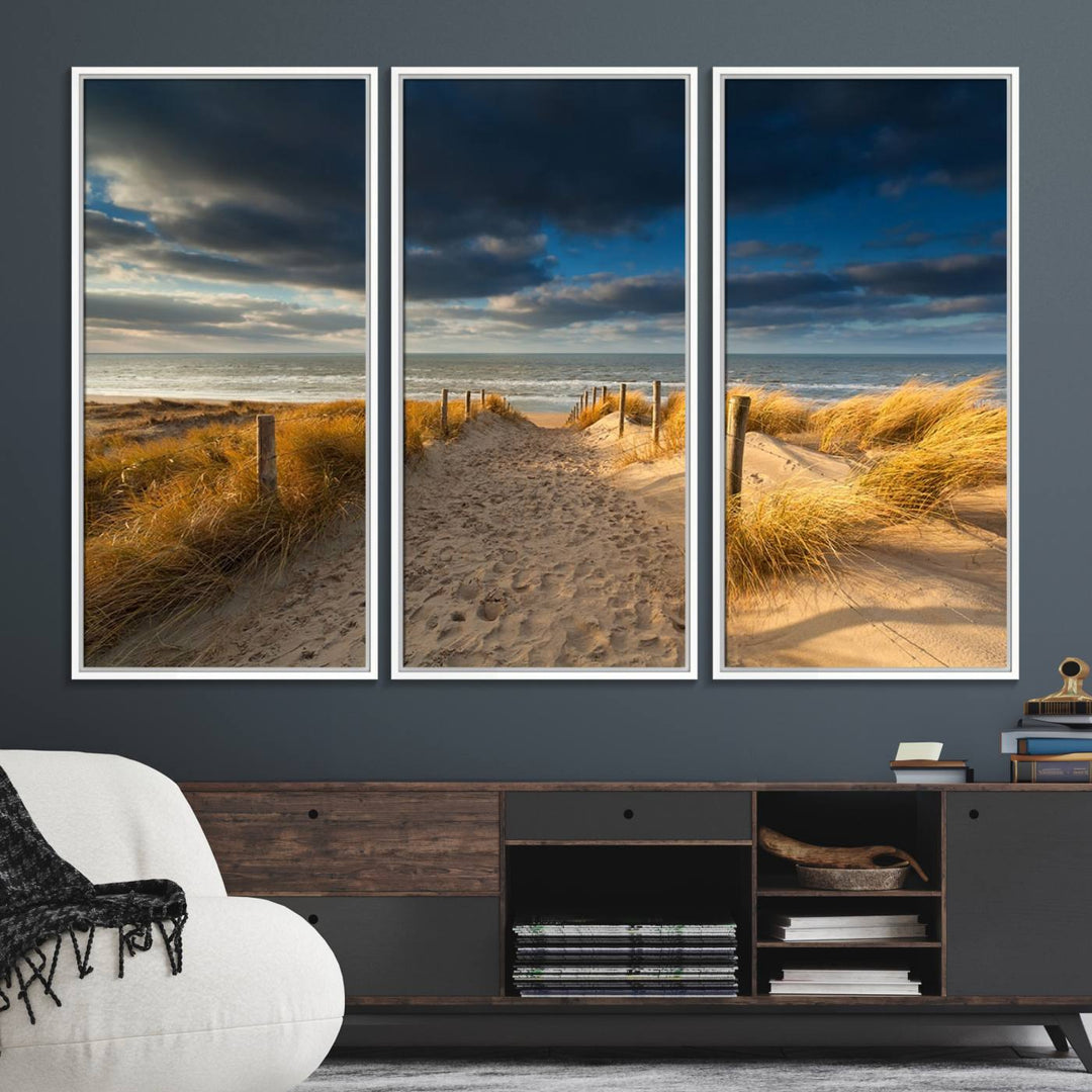 Museum-quality Ocean Beach Dark Clouds canvas print.