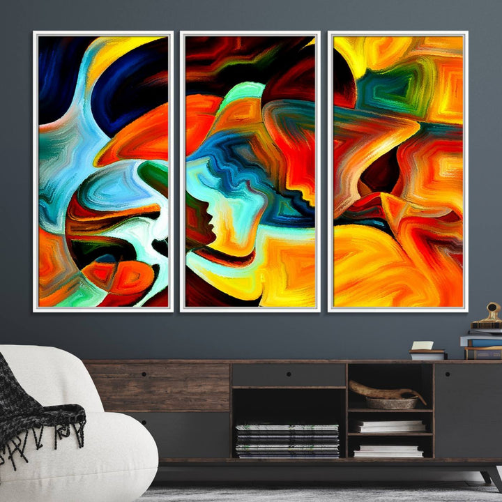 The kitchen wall features the Human Love Figures Abstract Wall Art Canvas Print.