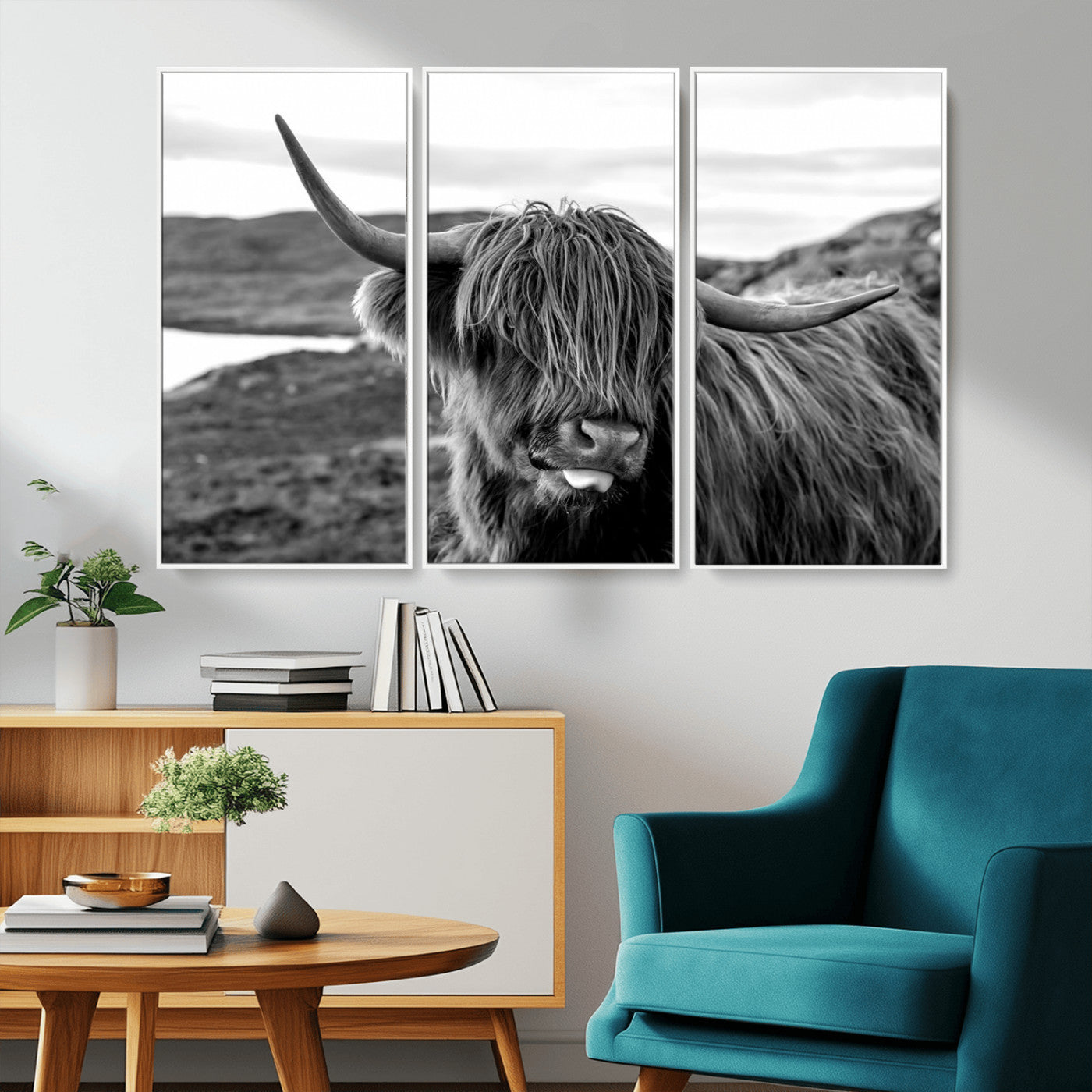MGV-FC-48X32-3P - Highland Cow Canvas Wall Art – Black and White Animal Portrait – Framed and Ready to Hang Rustic Farmhouse Decor for Living Room or Office