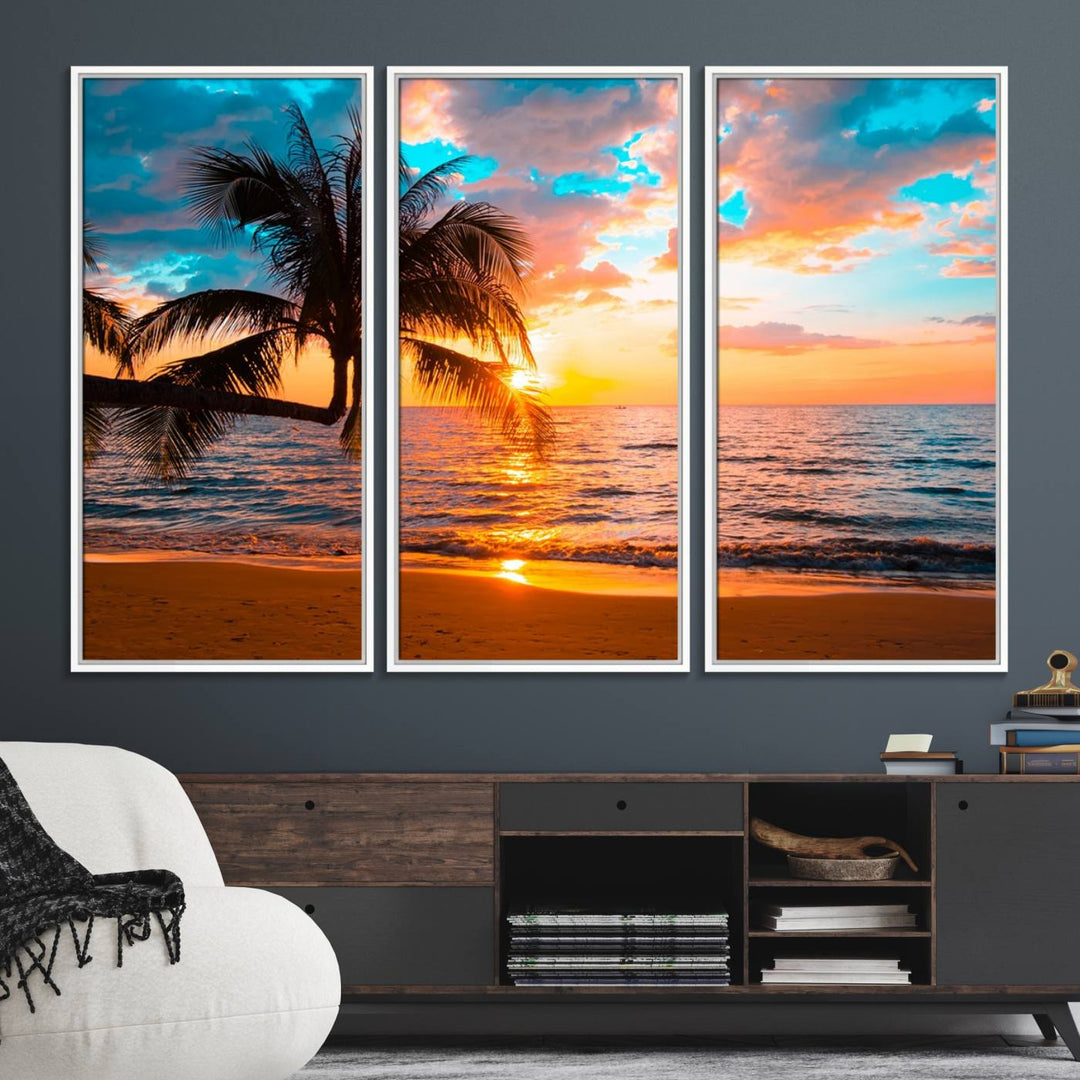 The Palm Tree Sunset On The Beach ready-to-hang canvas wall art—museum quality—brings a serene atmosphere to the room.