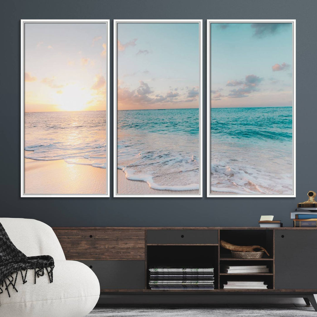 The room features a 3-panel Tranquil Ocean Beach Sunset Canvas Wall Art.