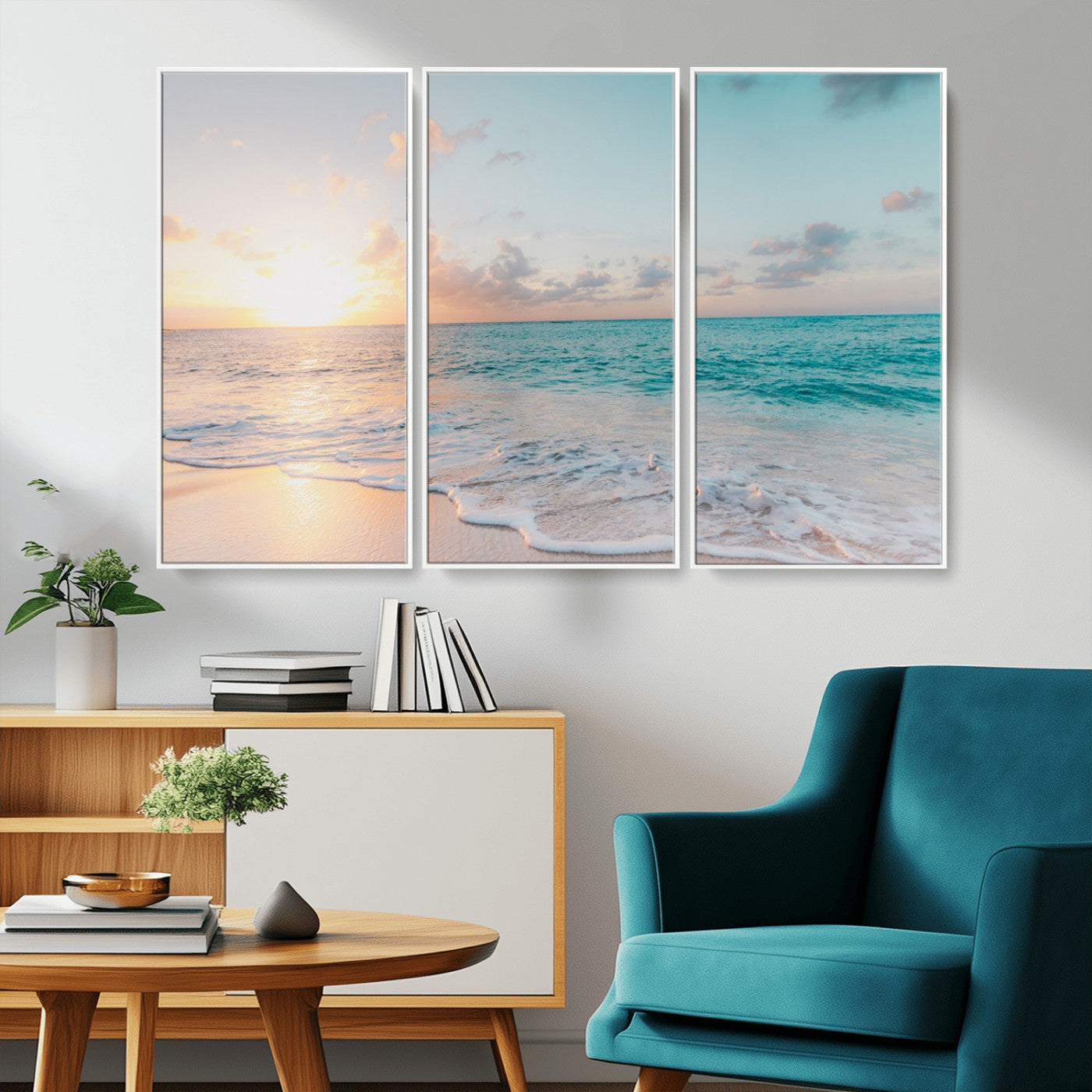 MGV-FC-48X32-3P - Tranquil Ocean Beach Sunset Canvas Wall Art | 3-Panel Coastal Decor