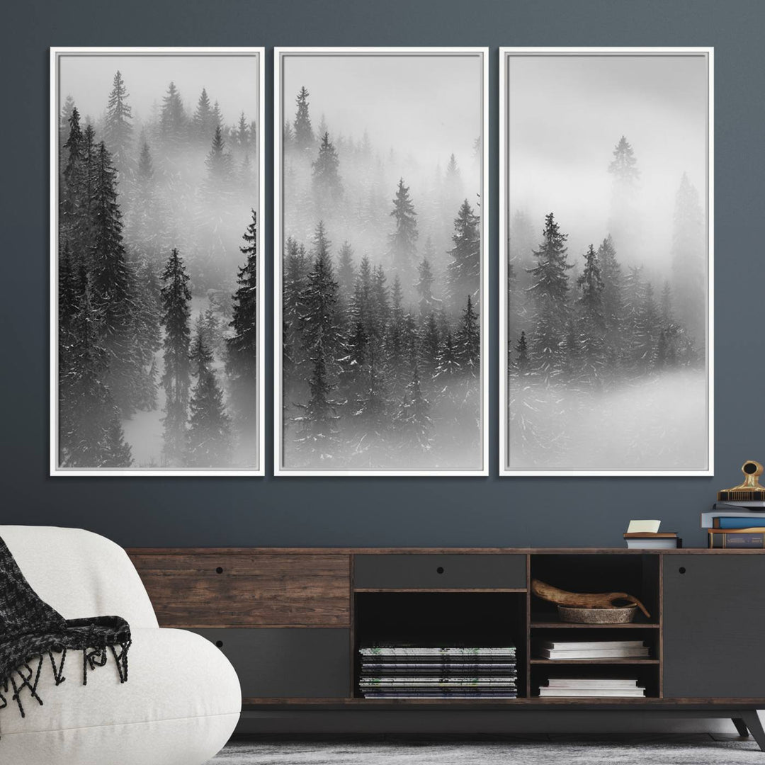 A stunning Foggy Misty Forest Canvas Wall Art adorns the kitchen wall.