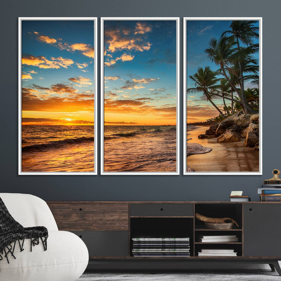 A stunning beach sunset on a museum-quality Sunset Wall Art Canvas Print adorns the kitchen wall.