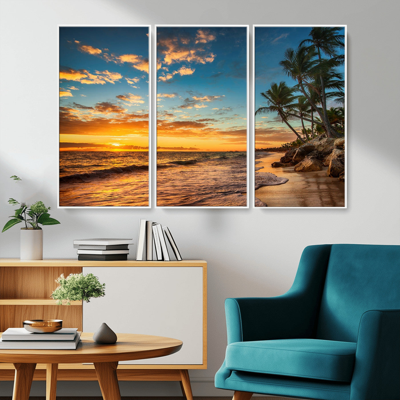 MGV-FC-48X32-3P - Tropical Beach Sunset Wall Art Print – Palm Tree Coastal Canvas Print – Ocean Seascape Artwork – Perfect for Tropical Modern Home Decor