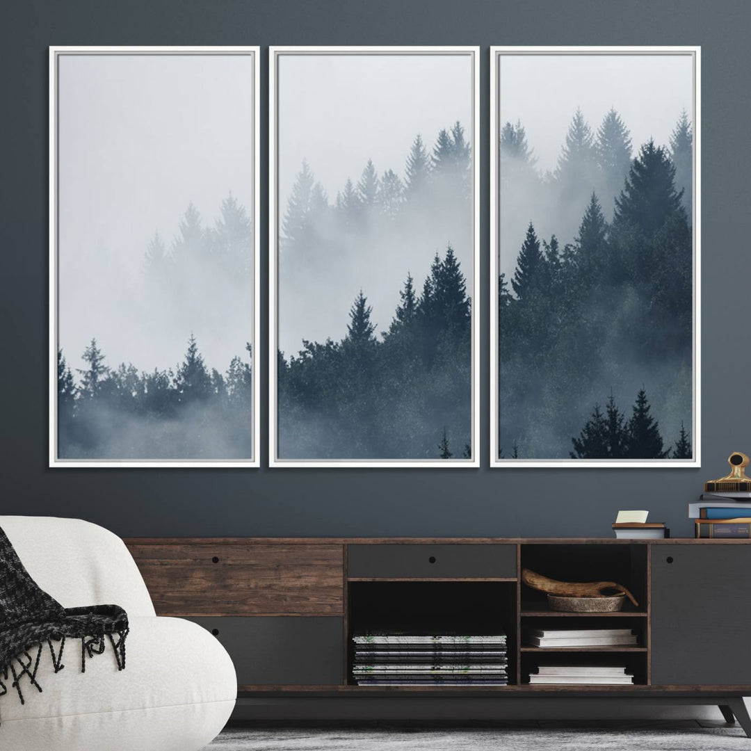 A large Foggy Pine Forest Wall Art Canvas Print.