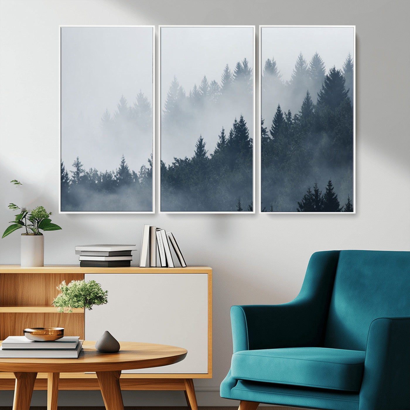 MGV-FC-48X32-3P - Misty Forest Wall Art Print – Foggy Pine Tree Canvas Print – Dark Woodland Nature Artwork – Perfect for Minimalist and Modern Home Decor