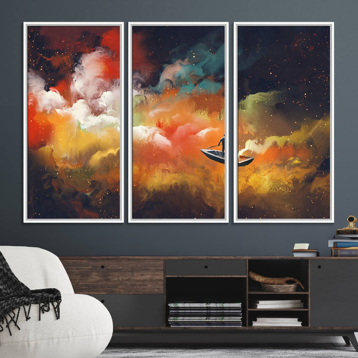 Surreal Space Adventure Canvas Wall Art features a person in a boat.