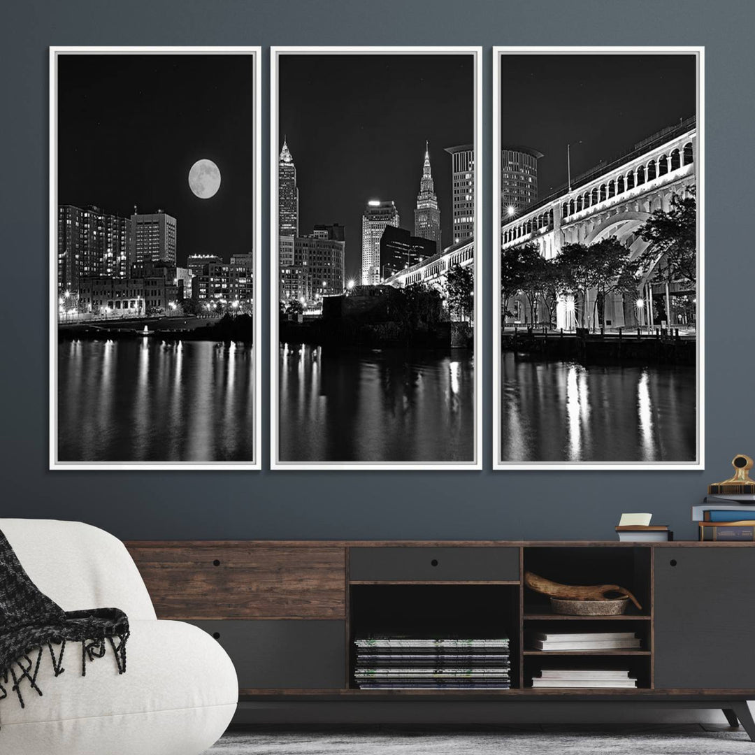 Cleveland Night Skyline Canvas Print: A museum-quality piece, ready to hang, featuring a stunning full moon and its reflections below.