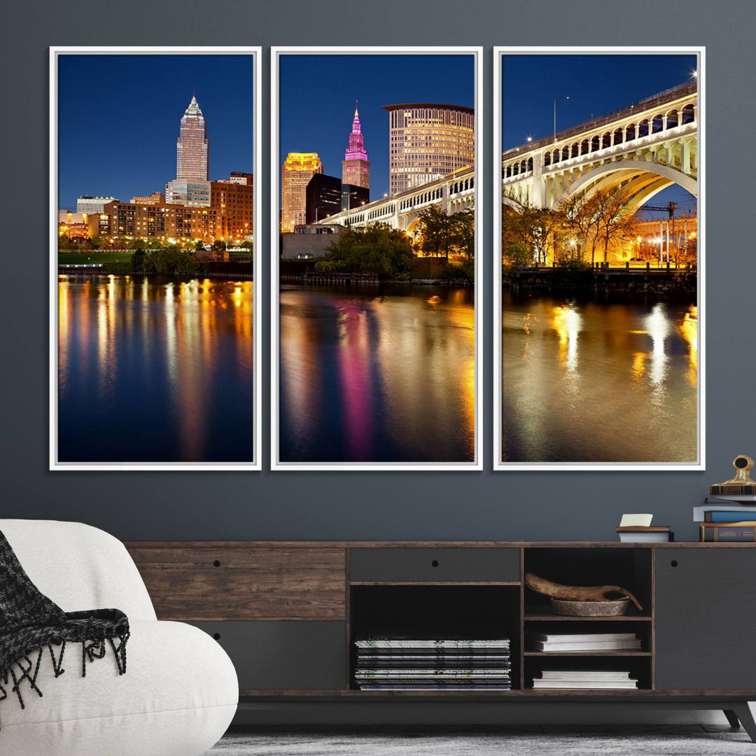 Cleveland Night Skyline Canvas: Cityscape with an illuminated bridge reflecting on calm water.