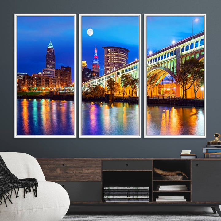 A Cleveland Night Skyline Wall Art on museum-quality canvas showcases a bridge and illuminated buildings.