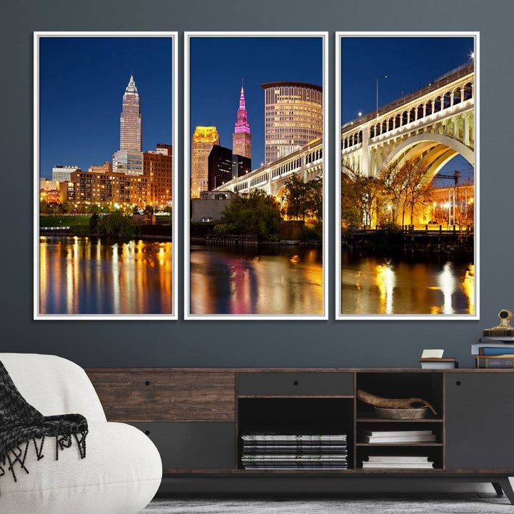 The Cleveland City Lights Canvas showcases a lit-up bridge and cityscape at night.