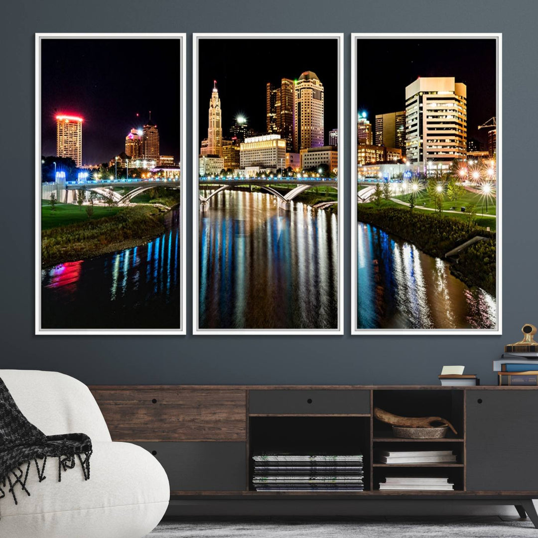 The Columbus City Lights Night Skyline Wall Art Canvas Print adorns the wall.