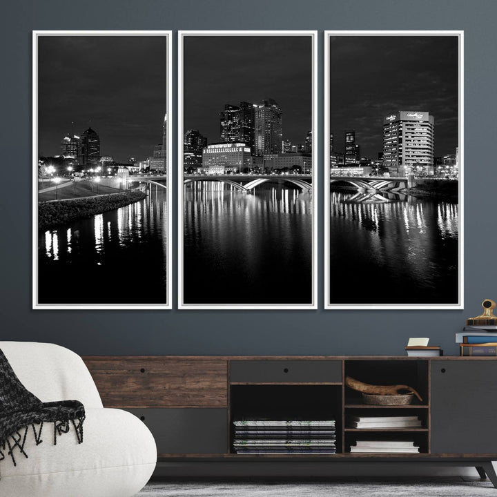 Columbus City Lights Skyline canvas print in black and white, featuring museum-quality craftsmanship and free shipping.