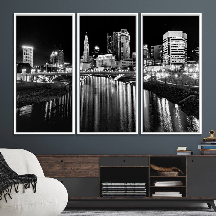 Columbus City Lights Skyline Black and White Canvas with UV coating.