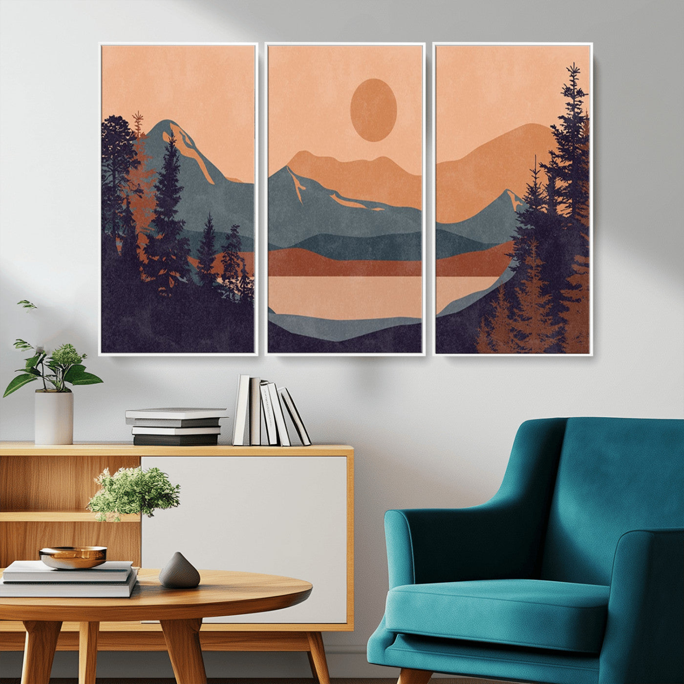 MGV-FC-48X32-3P - Modern Boho Sunset Canvas Print, Mountain Landscape Triptych – Giclée Canvas Art Print for Living