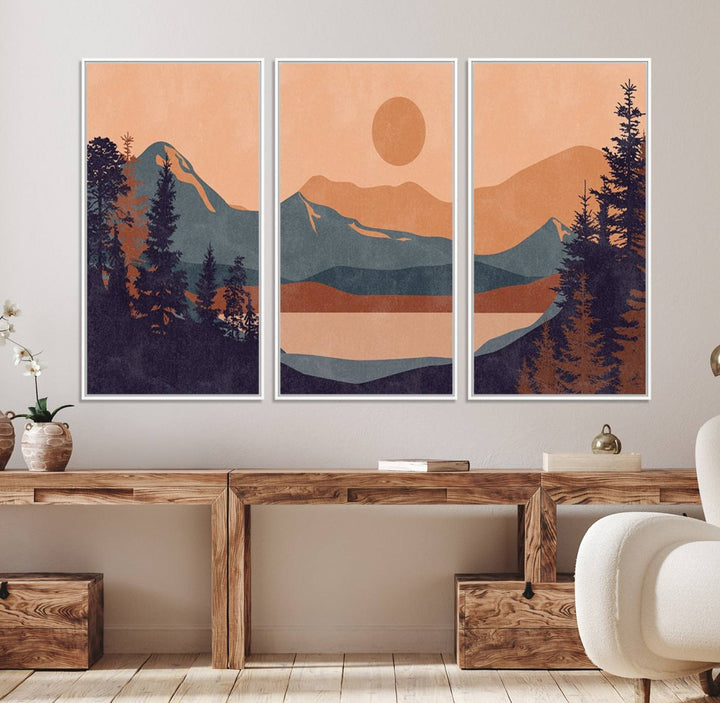 The Modern Boho Sunset Triptych displays a mountain sunset.