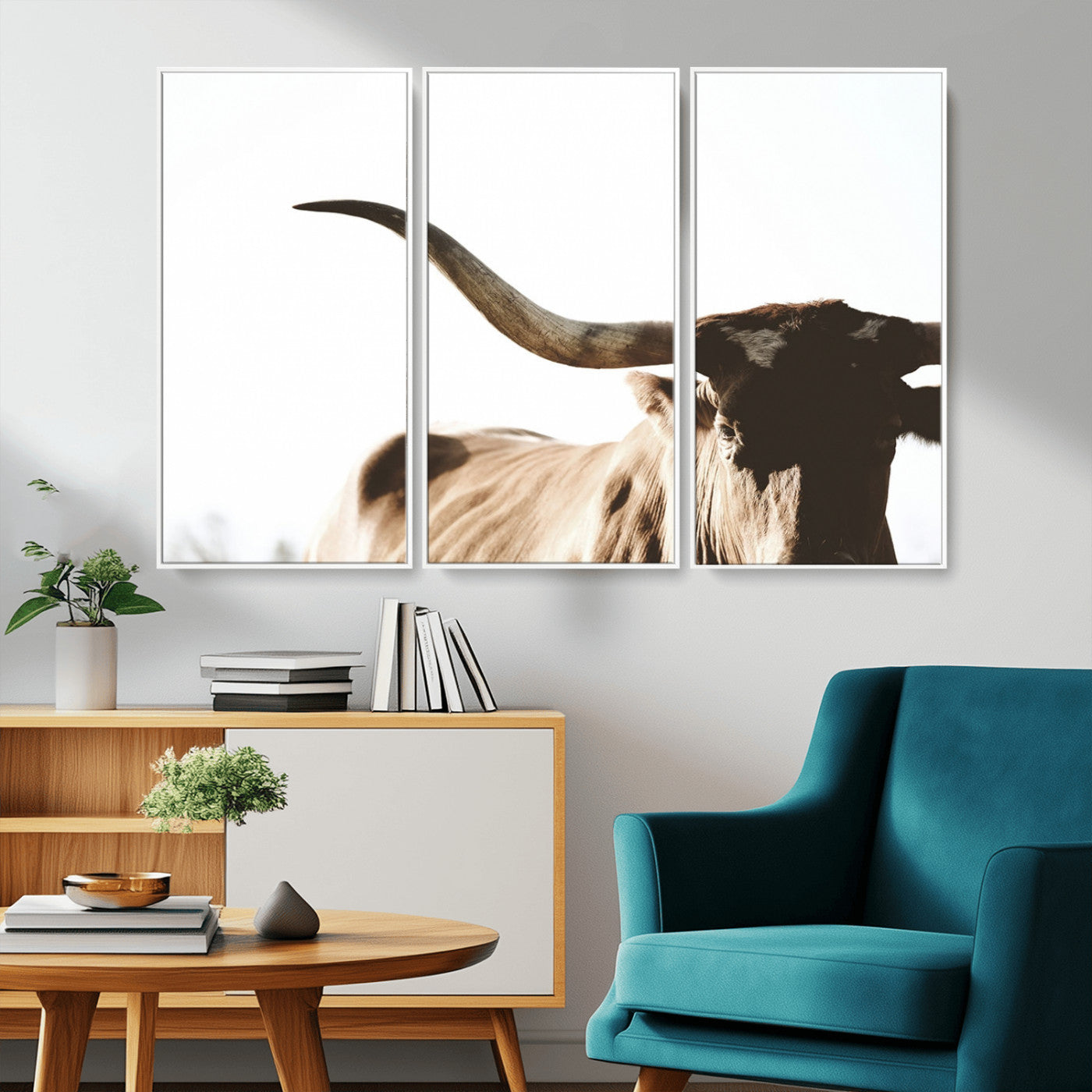 MGV-FC-48X32-3P - Texas Longhorn Wall Art Canvas Print | 3-Panel Large Longhorn Canvas Print for Living Room, Framed Gallery Wrap Office, Rustic Western Cowboy Decor