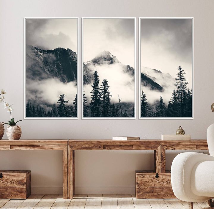 Forest Mountain Print - Black and White Canvas.