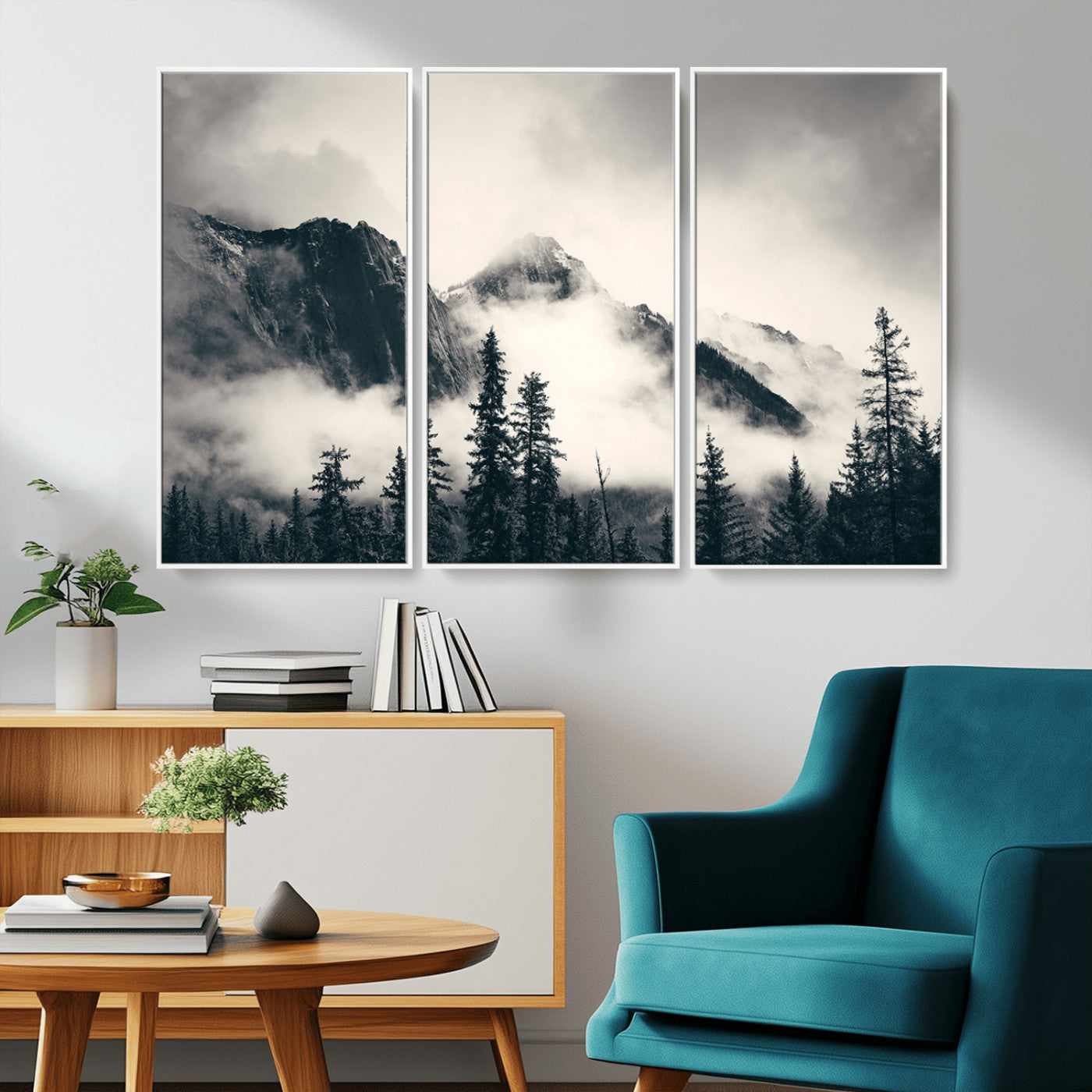 MGV-FC-48X32-3P - Large Foggy Mountain Forest Wall Art Canvas Print | Misty Mountain Peaks and Pine Trees Print | Framed Gallery Wrap | Rustic Nature Farmhouse Decor