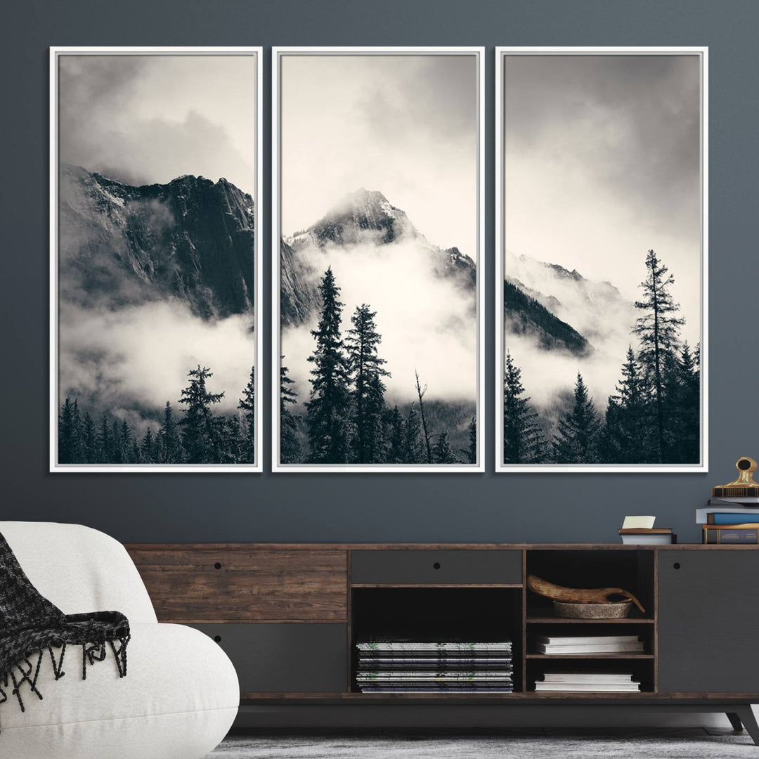 A large foggy mountain forest canvas print hangs prominently in the room.