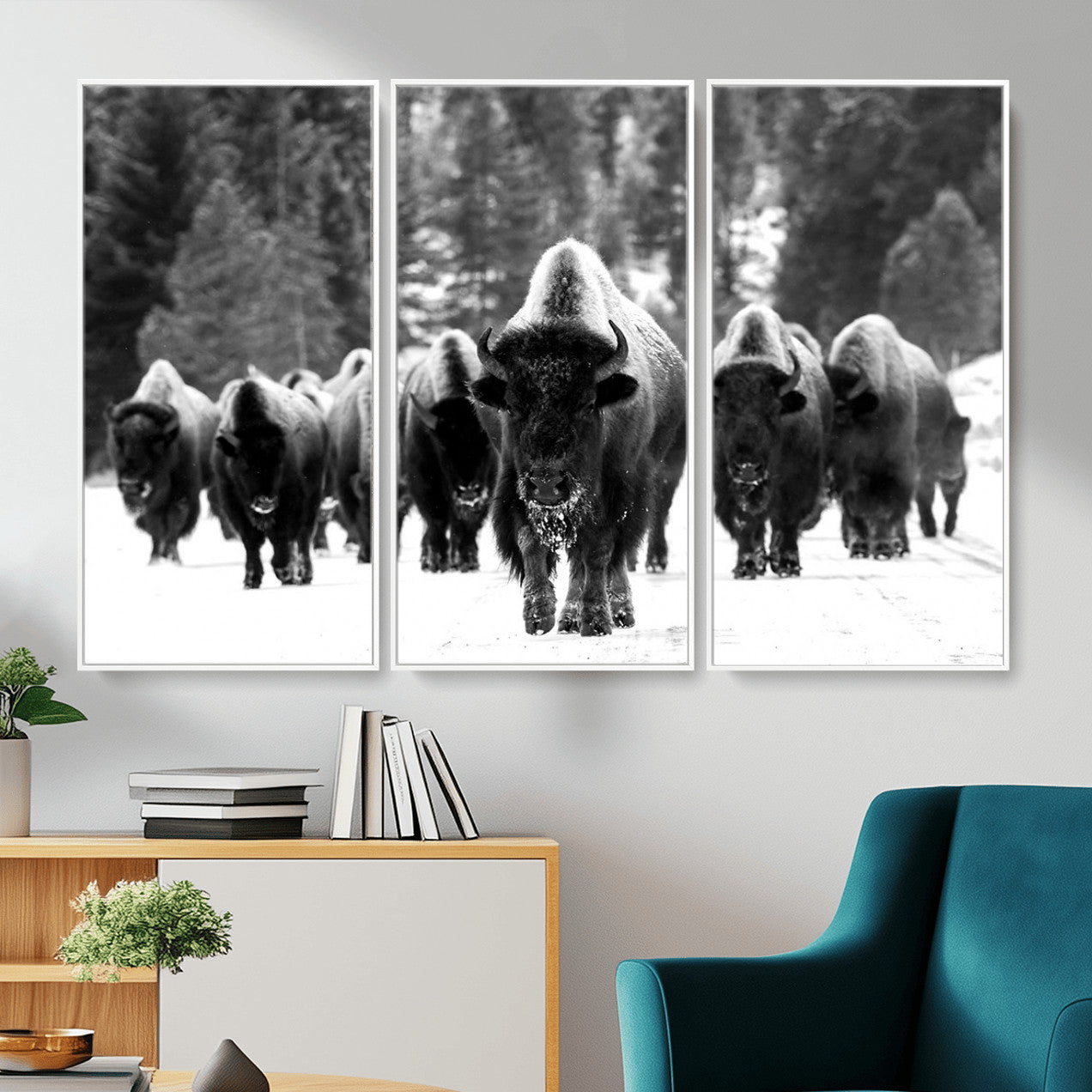 62434-MGV-CV-36X24 - Bison Herd in Snow Wall Art Canvas Print | Rustic Western Bison Wall Art for Decor for Living Room