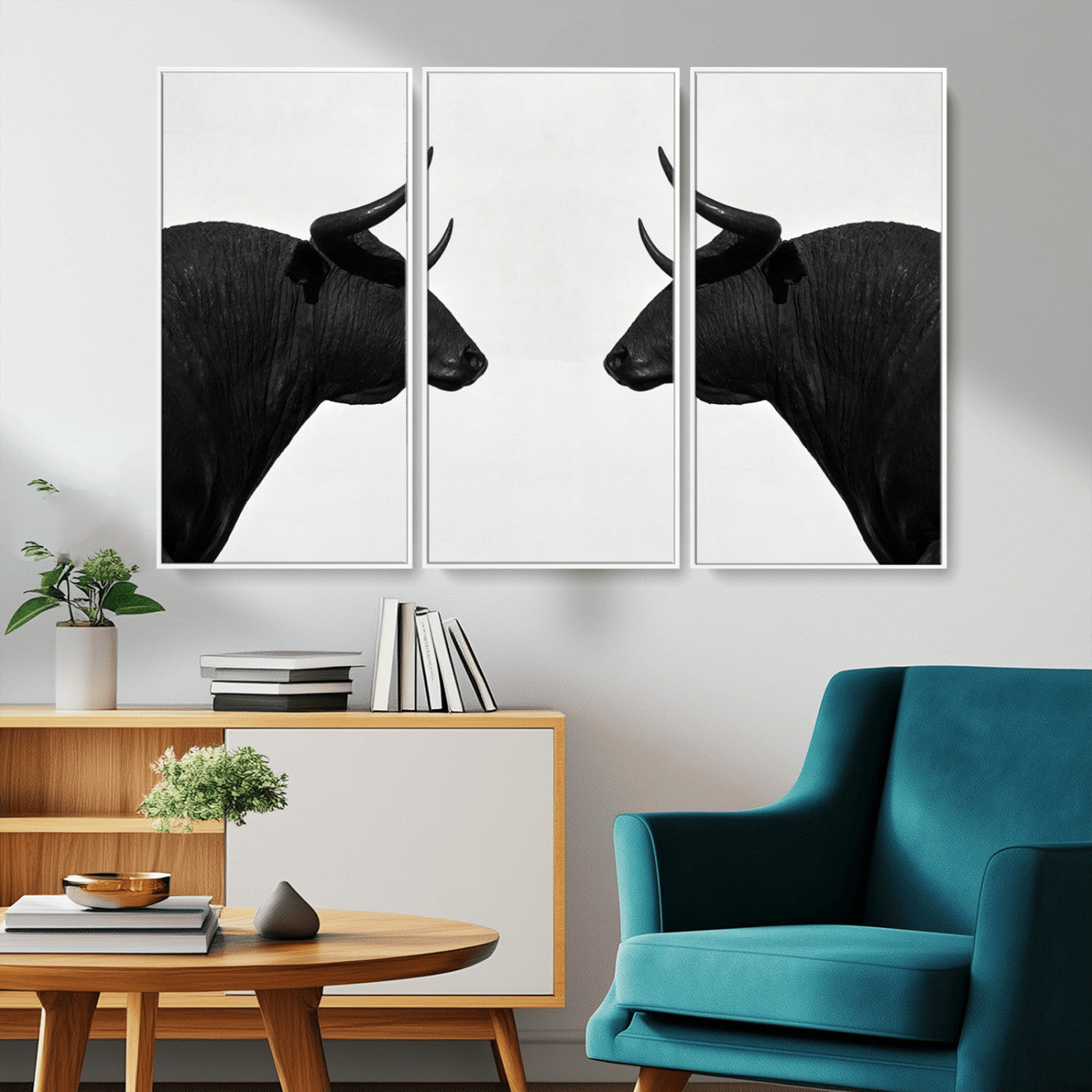 -Spanish Bull Art - Framed Black and White Bull Canvas Print for Modern Rustic Home or Office Decor