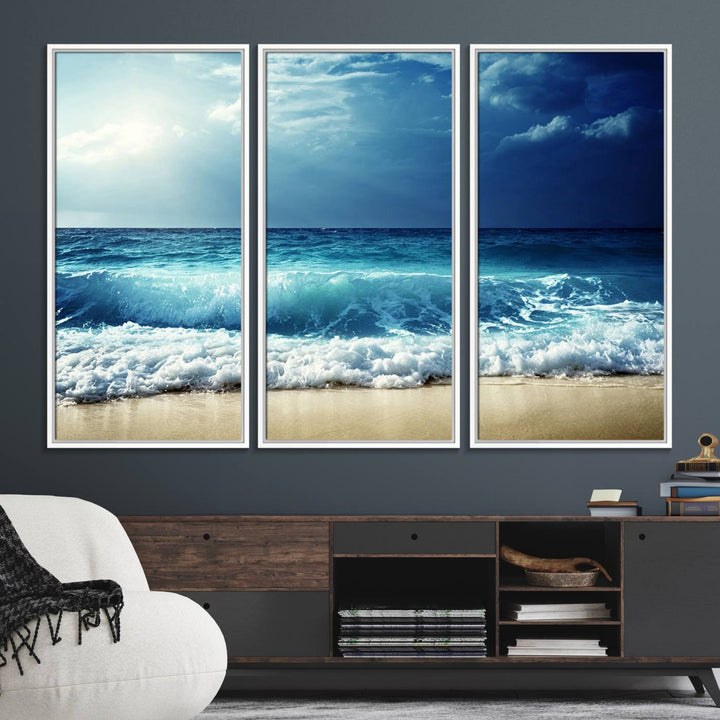 The Majestic Ocean Wave Wall Art Canvas, a 3-panel seascape print, is featured prominently.